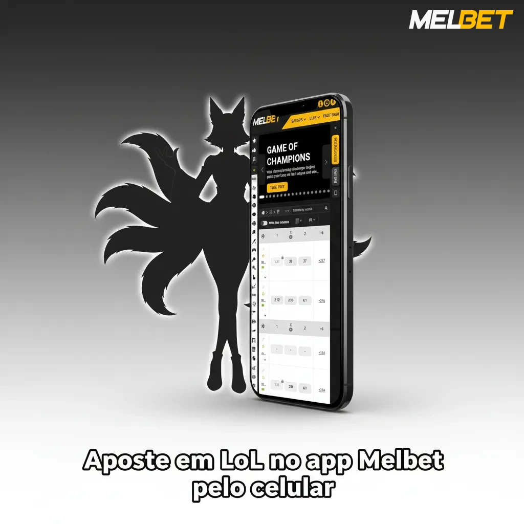 Smartphone com o app Melbet aberto em apostas de LoL, mostrando mercados, cupom de palpite e opção de depósito via PIX.