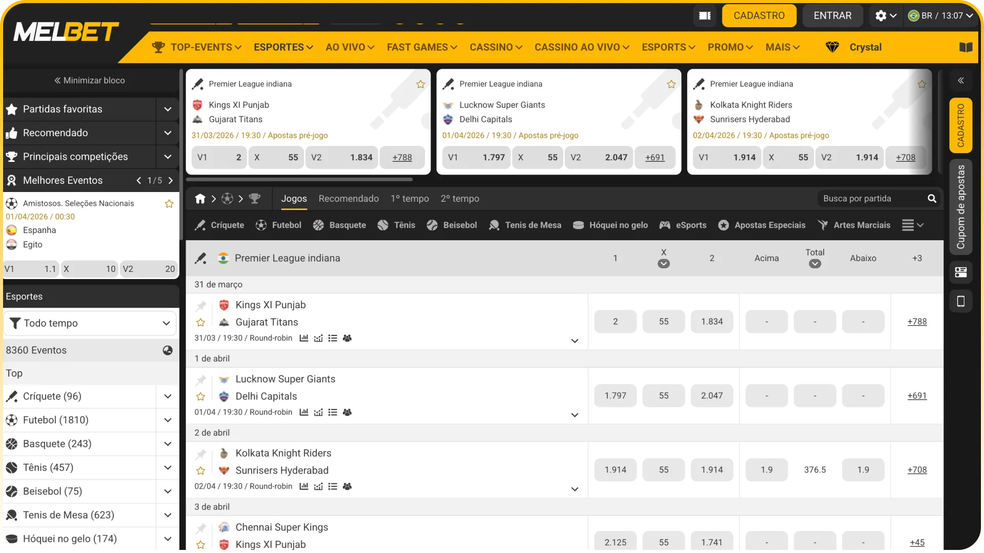 Confira a ampla variedade de mercados de apostas esportivas na Melbet.