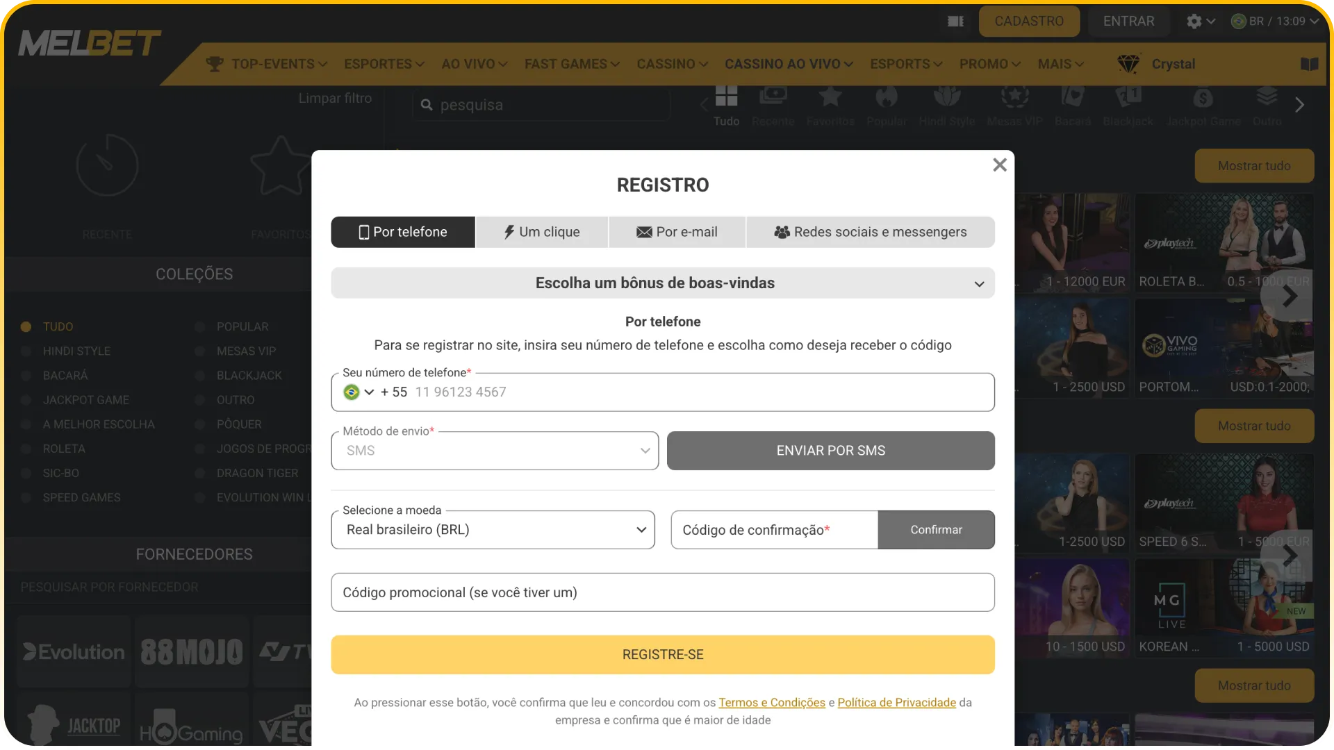 Clique para abrir o formulário de registro e criar sua conta na Melbet.