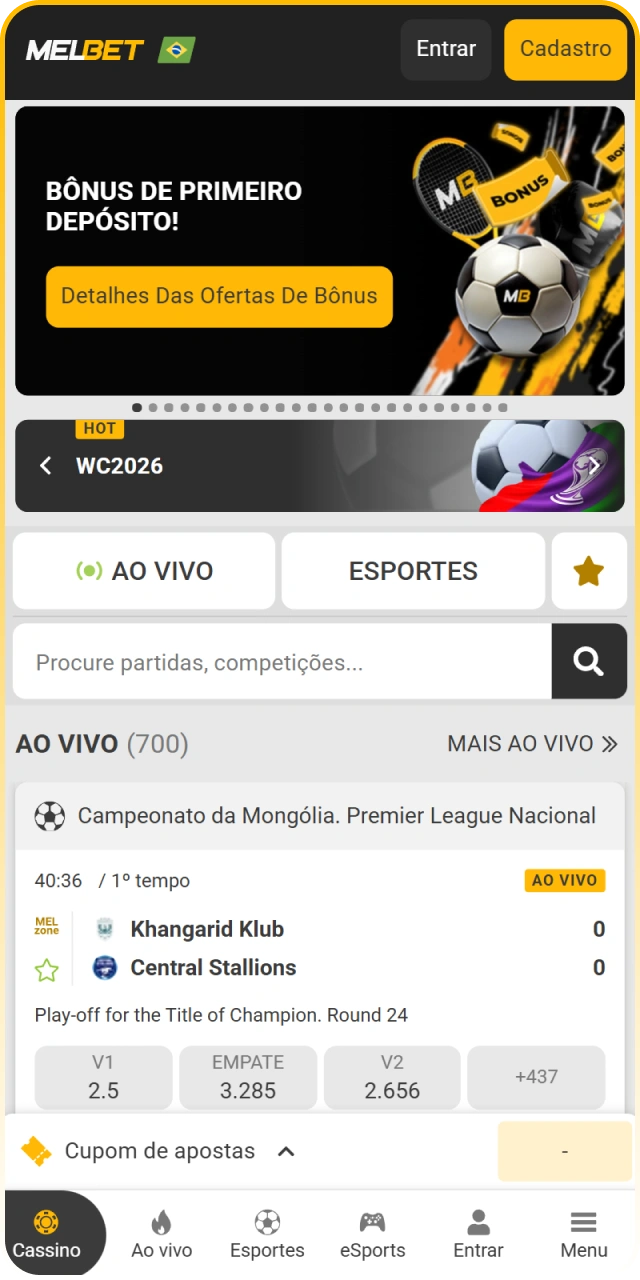 Acesse a página inicial do aplicativo móvel da Melbet oficial.