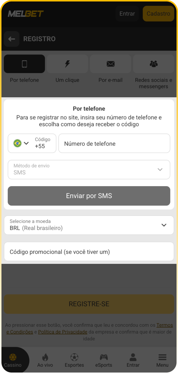 Preencha os dados necessários no formulário de inscrição da Melbet.