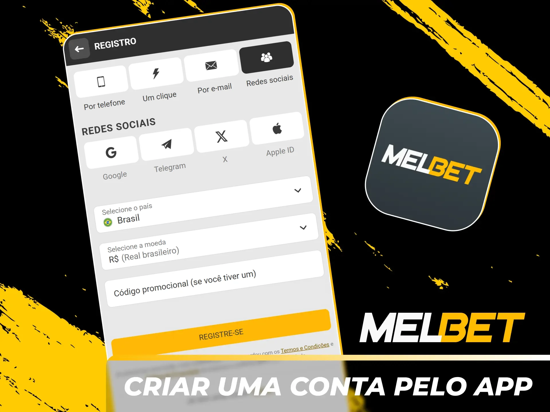 Cadastre uma nova conta de jogo pelo aplicativo Melbet oficial.