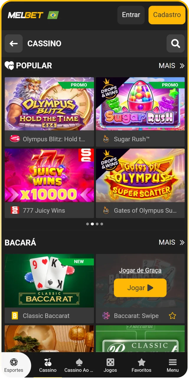 Seção de slots e jogos de crash no aplicativo Melbet oficial.