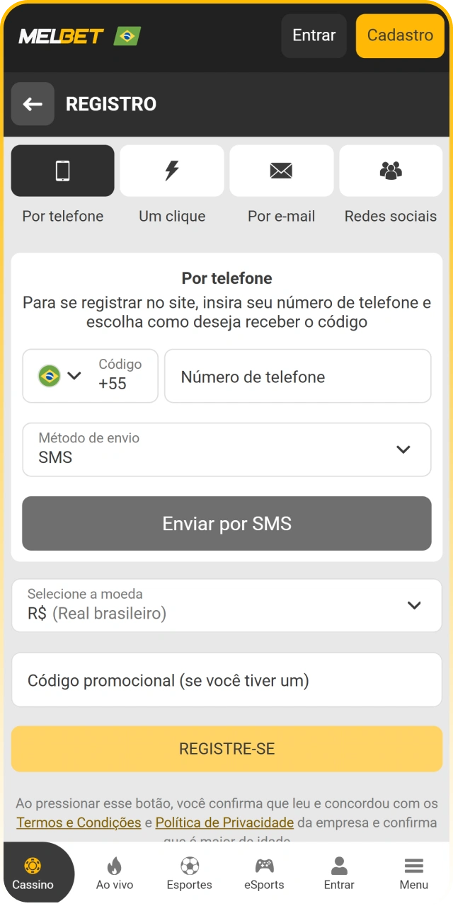 Abra o formulário de cadastro de usuários na Melbet oficial.